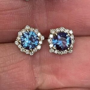 Round Alexandrite and Diamond Halo Stud Earrings set in 14K White Gold. Turquoise and Purple Color Play - SO FUN! All the Girlies will LOVE these! 0.70cttw. Lab Grown Alexandrites. 0.2cttw. Natural Round Diamonds. 1.2 grams.