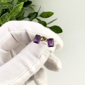 2 ct. Total Weight Amethyst Purple Genuine Natural Gemstone Emerald Cut Stud Earrings set in 14K Yellow Gold with Friction Back posts and backings. 1.12 grams Total Weight.