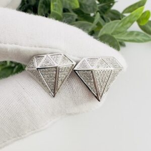 0.55cttw. Huge Diamond Pave Diamond Shaped Chunky 10K White Gold Rapper Hip Hop Style Earrings with screw back posts for safety so they don't get lost easily.