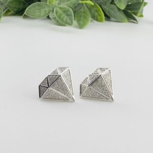 0.55cttw. Huge Diamond Pave Diamond Shaped Chunky 10K White Gold Rapper Hip Hop Style Earrings with screw back posts for safety so they don't get lost easily.