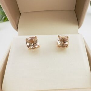 1.8 ct TW Cushion Cut Morganite Stud earrings. 14k Rose Gold settings. 6mm diameter