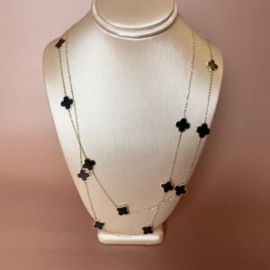 Black Onyx 4 Four Leaf Clover Station necklace. 14k Yellow Gold with 15 Clover Motif stations