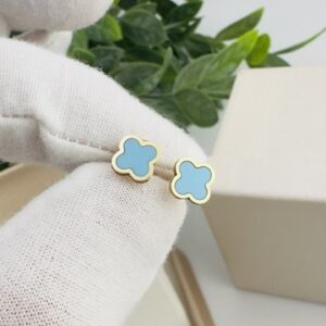 7.5mm Turquoise 4 Leaf Clover bezel set Stud earrings set in 14K Yellow Gold with friction back backings.