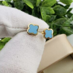7.5mm Turquoise 4 Leaf Clover bezel set Stud earrings set in 14K Yellow Gold with friction back backings.