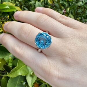 18k White Gold Ring w/ 13mm Swiss Blue Topaz & Hidden Halo Diamonds. Size 6 1/2. 7.9 grams.