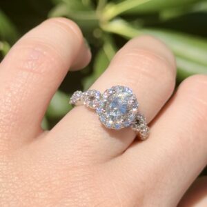 14k White Gold Vera Wang Love Engagement Ring with a 1.07ct, E Color, VS1 Clarity, Oval Cut Lab Diamond in the center. 0.63cttw+, E/F Color, VS2 Clarity accent diamonds. Size 4 1/2.