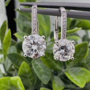 14k White Gold 7.5mm/ea Moissanite Drop Earrings w/ Pave set Natural F Color, V/S Clarity Diamonds. 3.5 grams.