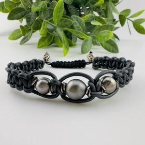 Tahitian 3 Pearl leather Braided Bolo Bracelet. Pearls harvested in Tahiti anually and bracelet made in the U.S.A.