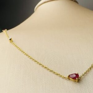 Ruby and Diamond Necklace in 14k Yellow Gold. Cable Chain Station Necklace w/ 3 Pear Cut Rubies & 2 Round Natural Diamonds. 16" - 18" Long adjustable with spring clasp. 2 grams.