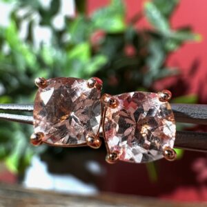 1.8 ct TW Cushion Cut Morganite Stud earrings. 14k Rose Gold settings. 6mm diameter